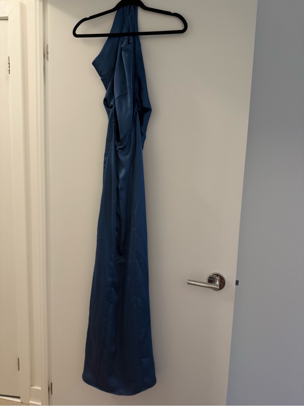 Ronny Kobo Collection Teal-Blue Satin Halter Maxi Dress